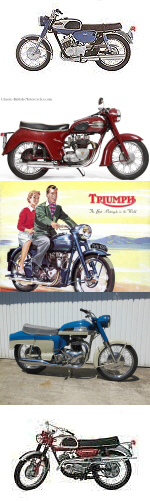 classic 70's motorbikes triumph 5TA, norton dominator, suzuki invader, bridgestone 350 twin